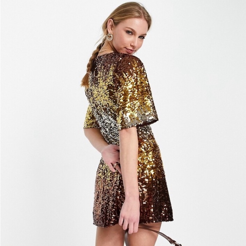 FRENCH CONNECTION Estari Sequin Cutout Gold Ombré Mini Dress - Size 2 - Picture 4 of 15